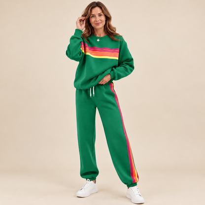 🌈Women's Retro Rainbow Stripe 2-Piece Set – Relaxed Sweatshirt & Drawstring Joggers 💕