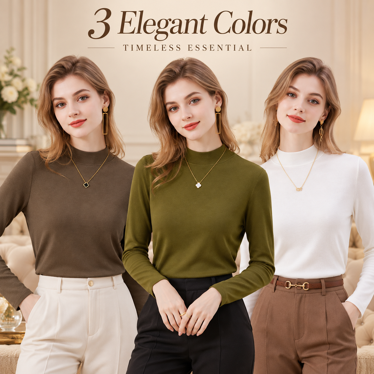 Women's Slim-Fit Mock Neck Knit Top （3pack）