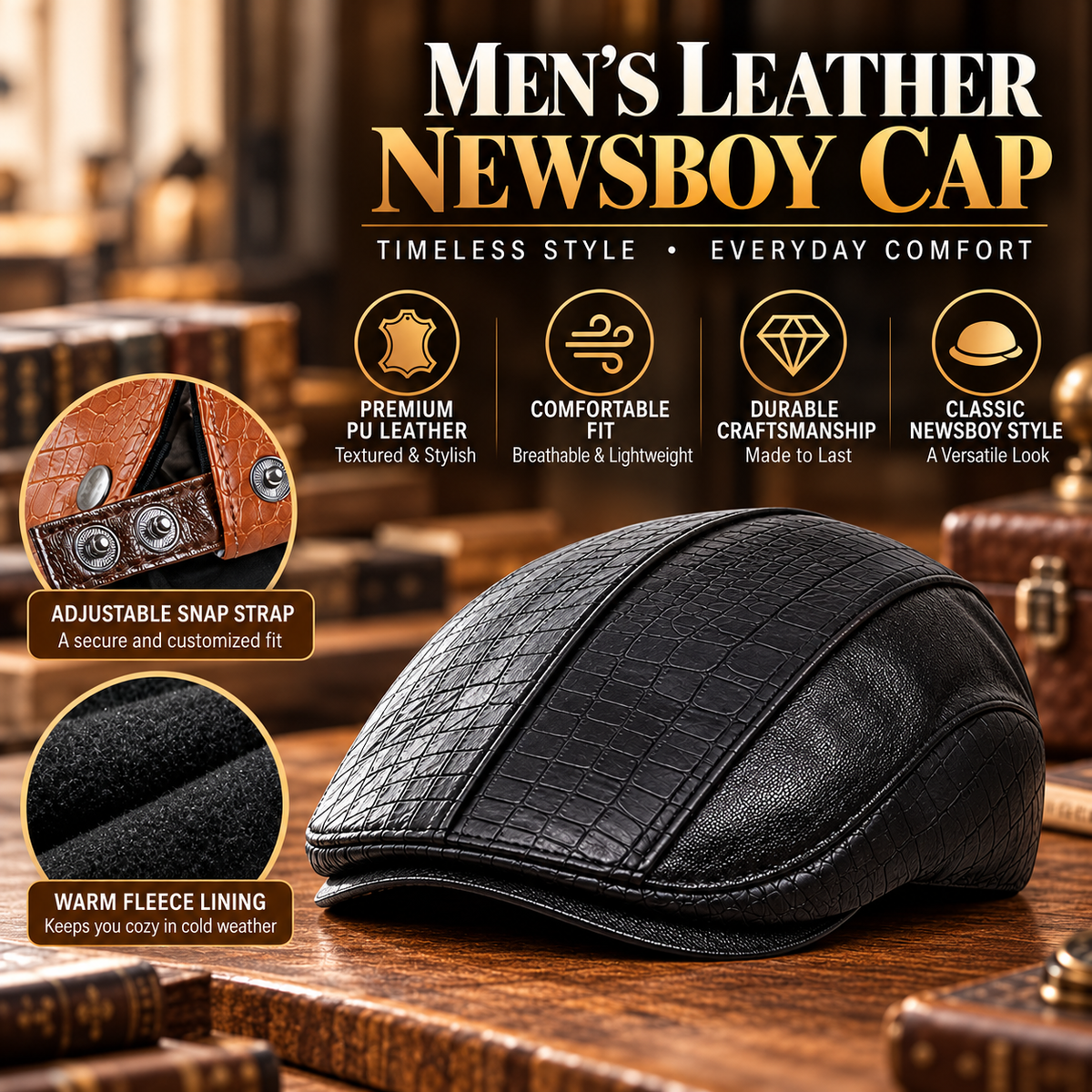 Men’s Leather Newsboy Cap – Vintage Flat Cap Style