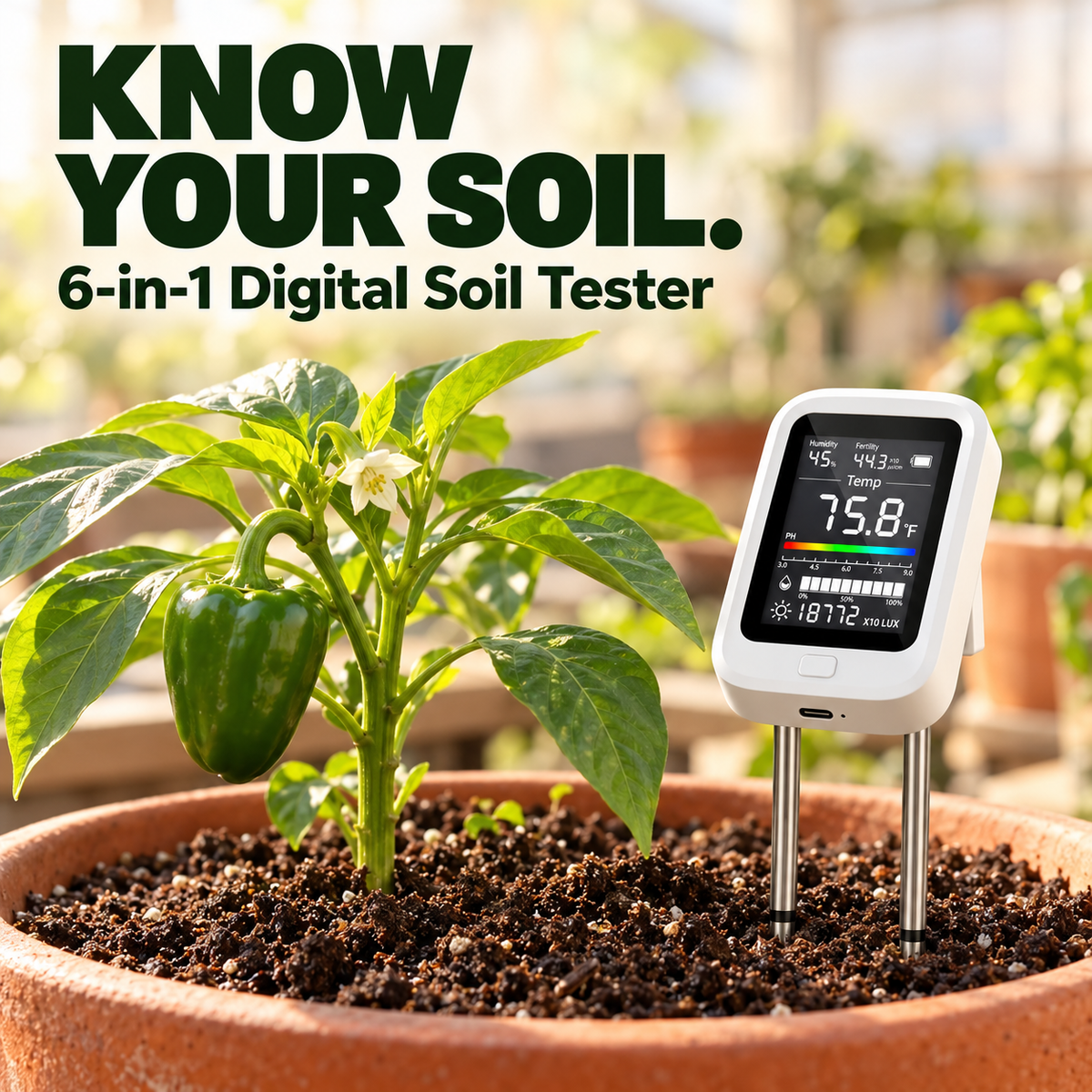 6-in-1 Digital Soil Tester with LCD Display – Moisture, pH, Fertility, Light & Temperature Meter