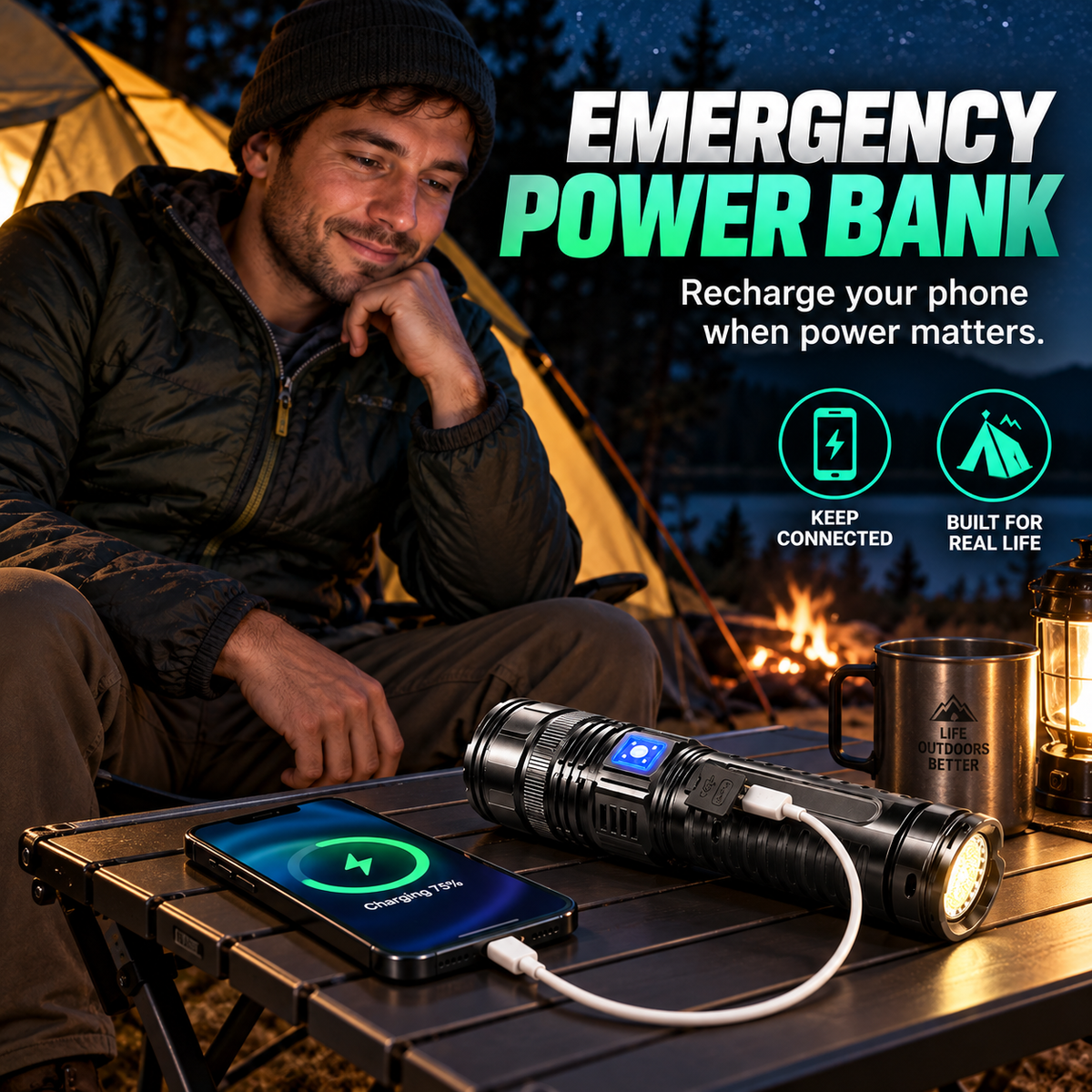 Military-Grade 2-in-1 Zoomable Tactical Flashlight & Emergency Power Bank: Ultra-Bright LED, COB Work Light & 5400mAh High-Capacity Battery 🔦⚡
