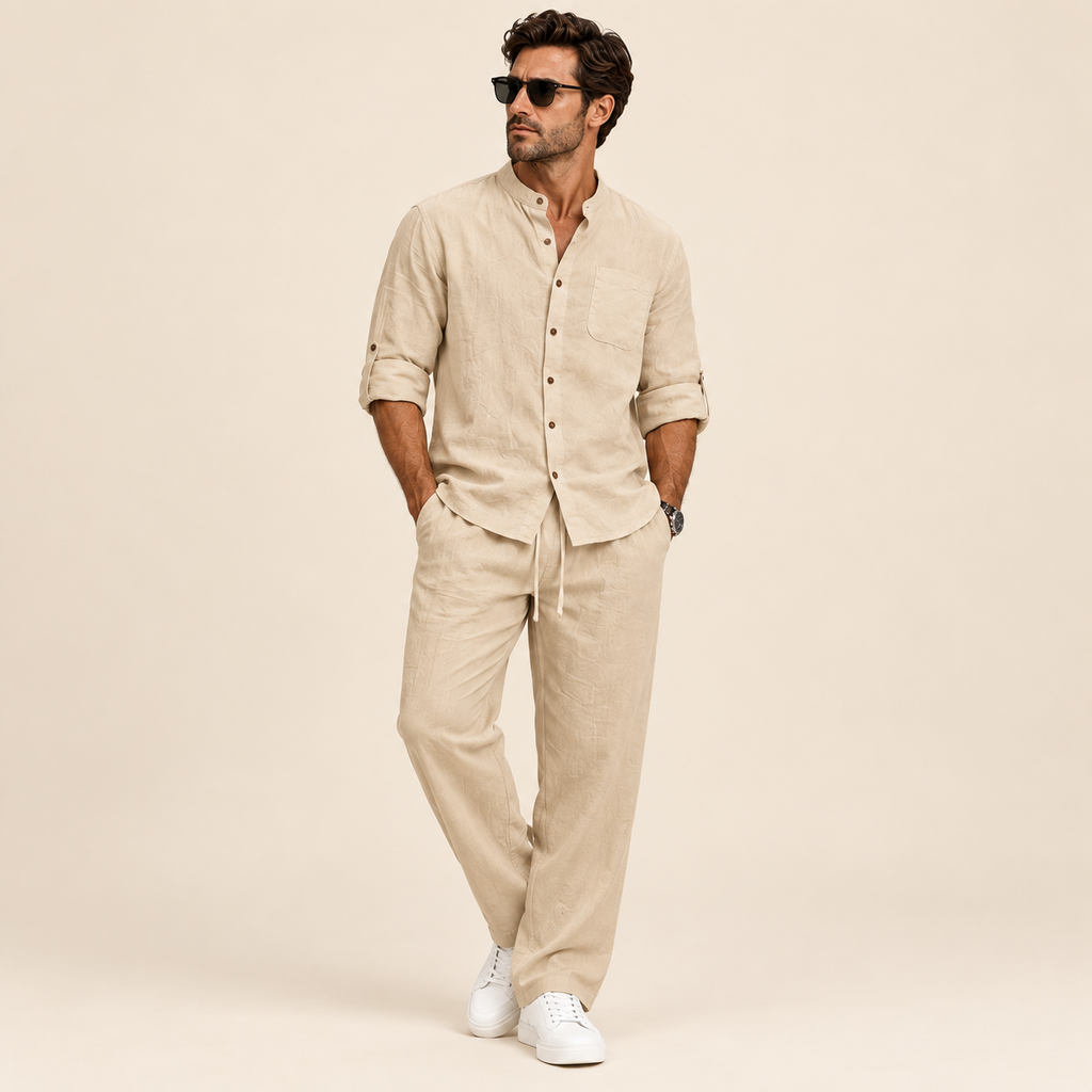 Men's Relaxed Mandarin Collar Shirt & Wide-Leg Pants Set