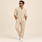 Men's Relaxed Mandarin Collar Shirt & Wide-Leg Pants Set