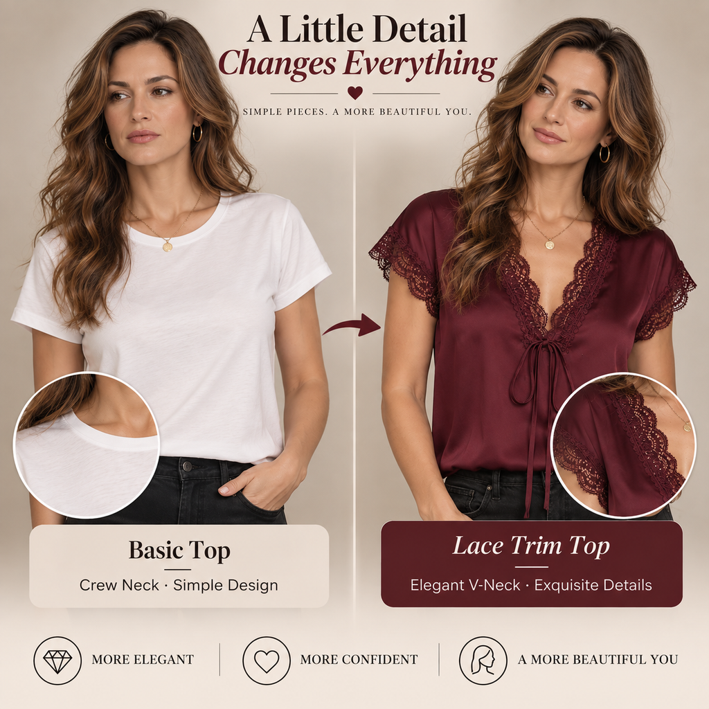 Women's Satin Lace V-Neck Blouse – Elegant Tie-Front Short Sleeve Top