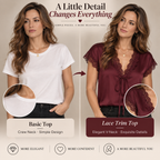 Women's Satin Lace V-Neck Blouse – Elegant Tie-Front Short Sleeve Top