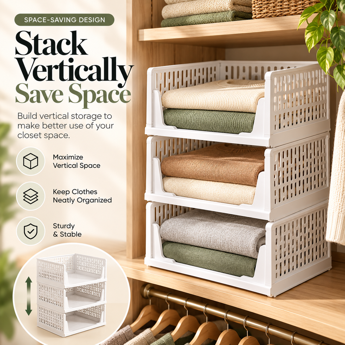 🧺 Stackable & Foldable Storage Basket – Space-Saving Closet Organizer