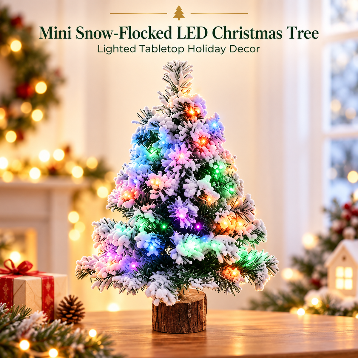Mini Snow-Flocked LED Christmas Tree – Lighted Tabletop Holiday Decor