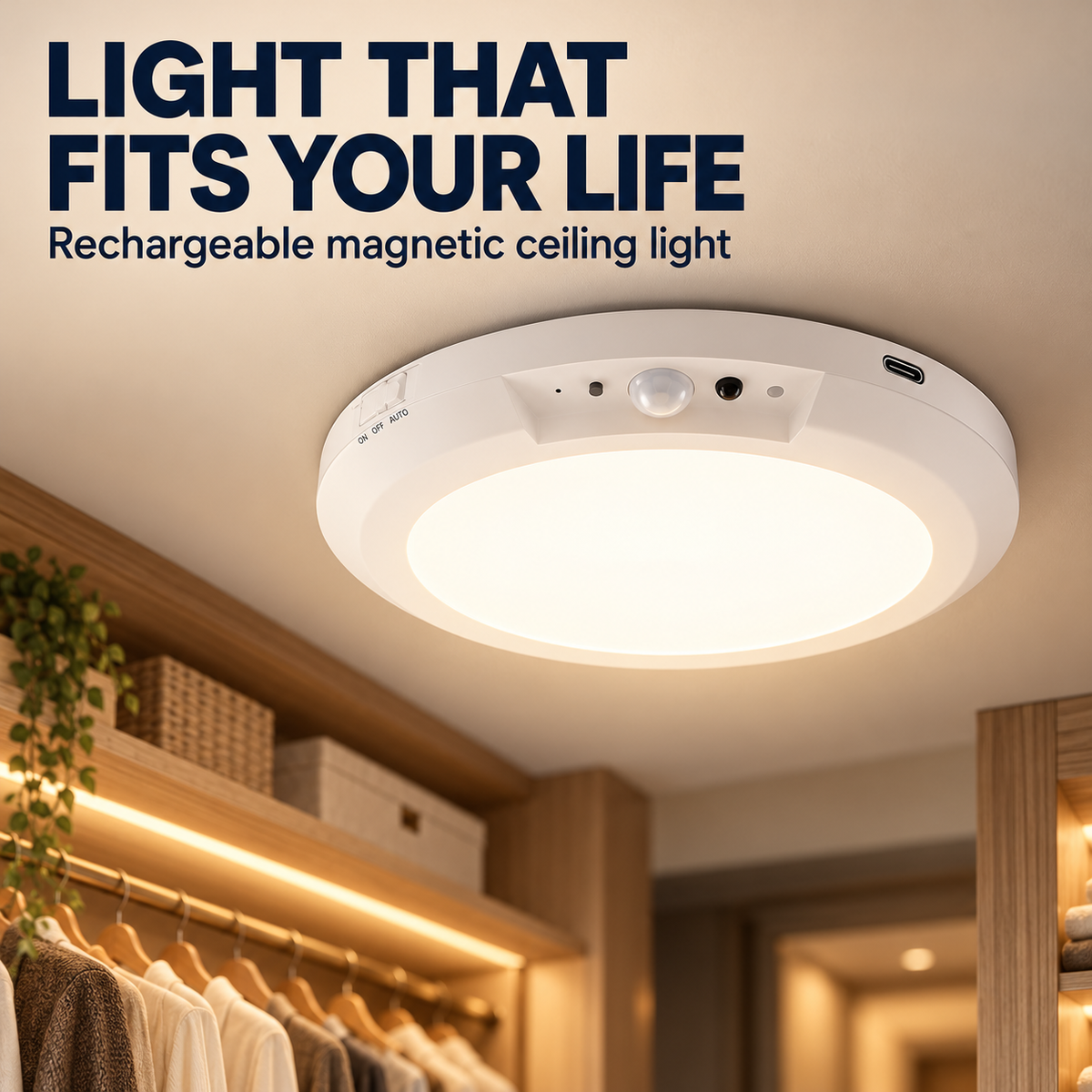 Rechargeable Motion Sensor Ceiling Lamp - Magnetic Ceiling Mount, Remote-Controlled