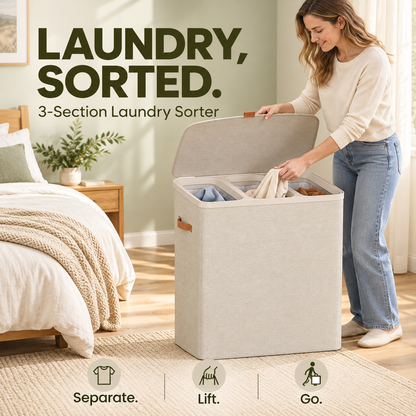 Large 3-Compartment Laundry Sorter with Lid