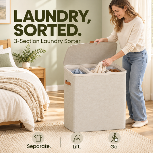 Large 3-Compartment Laundry Sorter with Lid