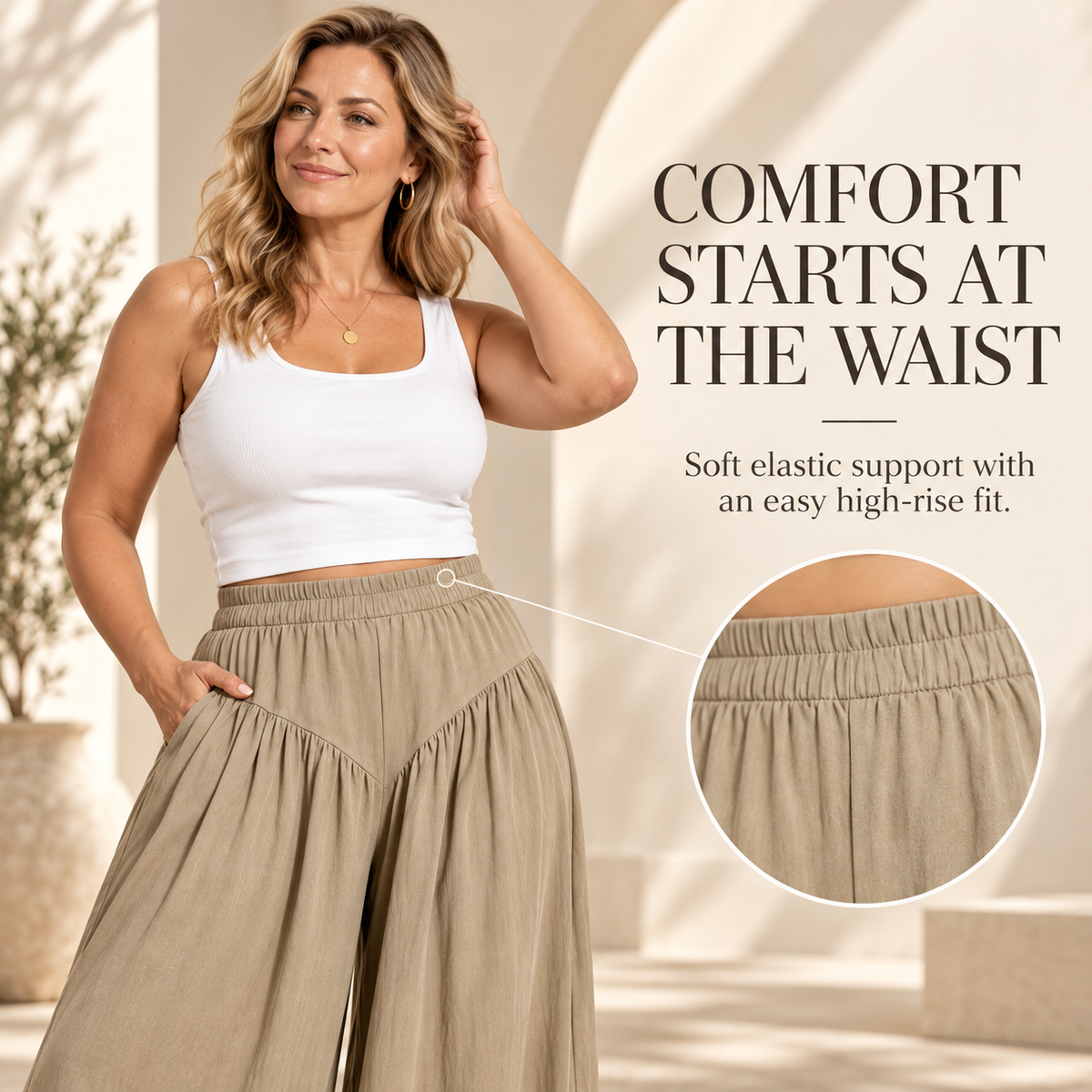High Waist Wide Leg Casual Pants with Pockets & Elastic Waist