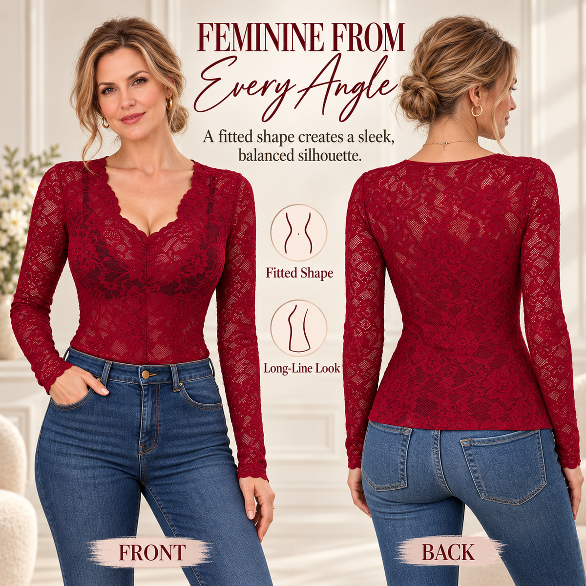 Women's Elegant V-Neck Floral Lace Long Sleeve Top