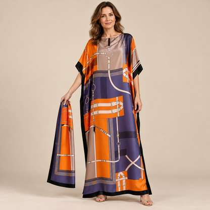 Printed Kaftan Maxi Dress & Matching Scarf Set