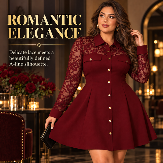 Women's Elegant Lace Panel A-Line Shirt Dress: Waist-Defining Button-Front Silhouette