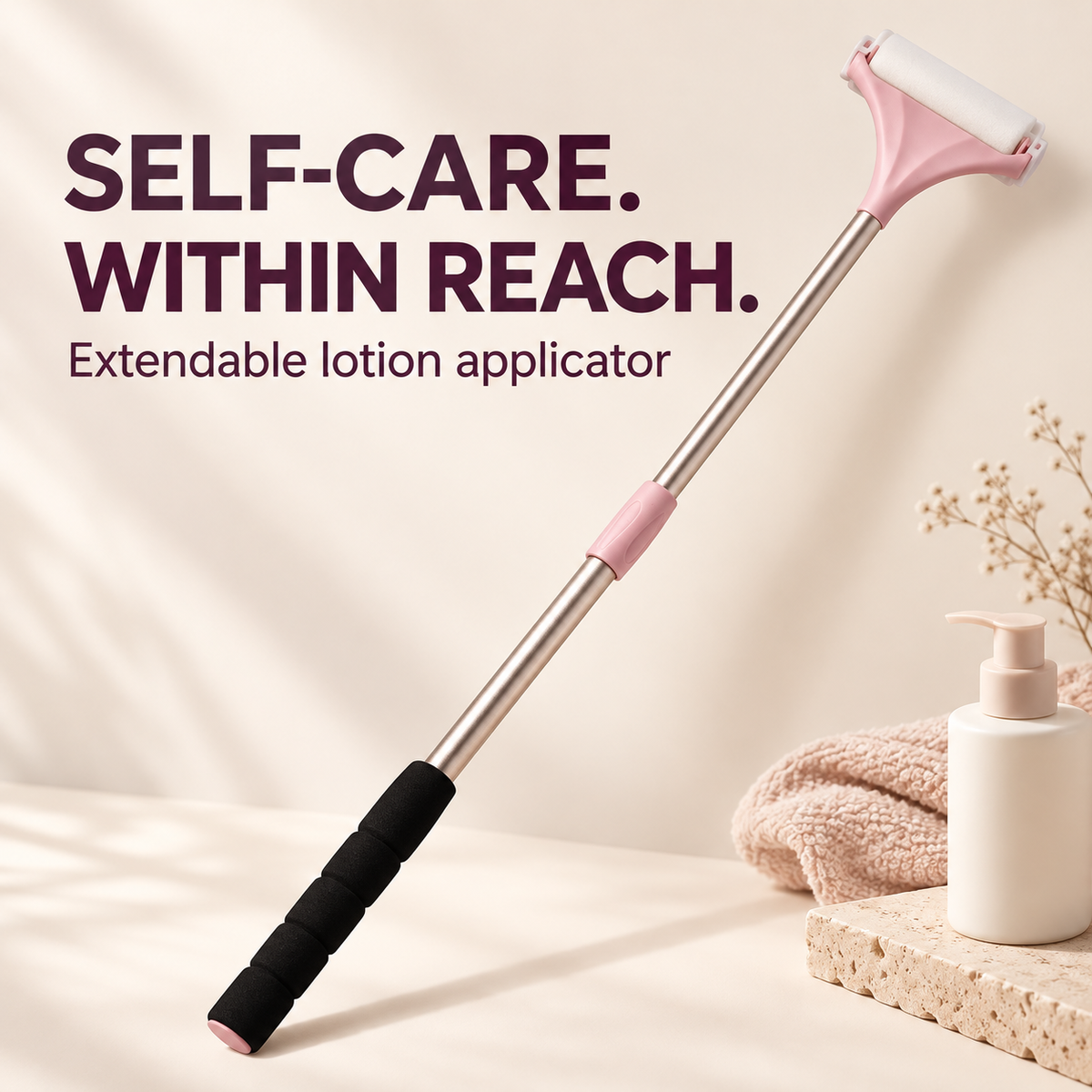 Extendable Lotion Applicator with 2 Bonus Replacement Heads for Back, Legs & Body