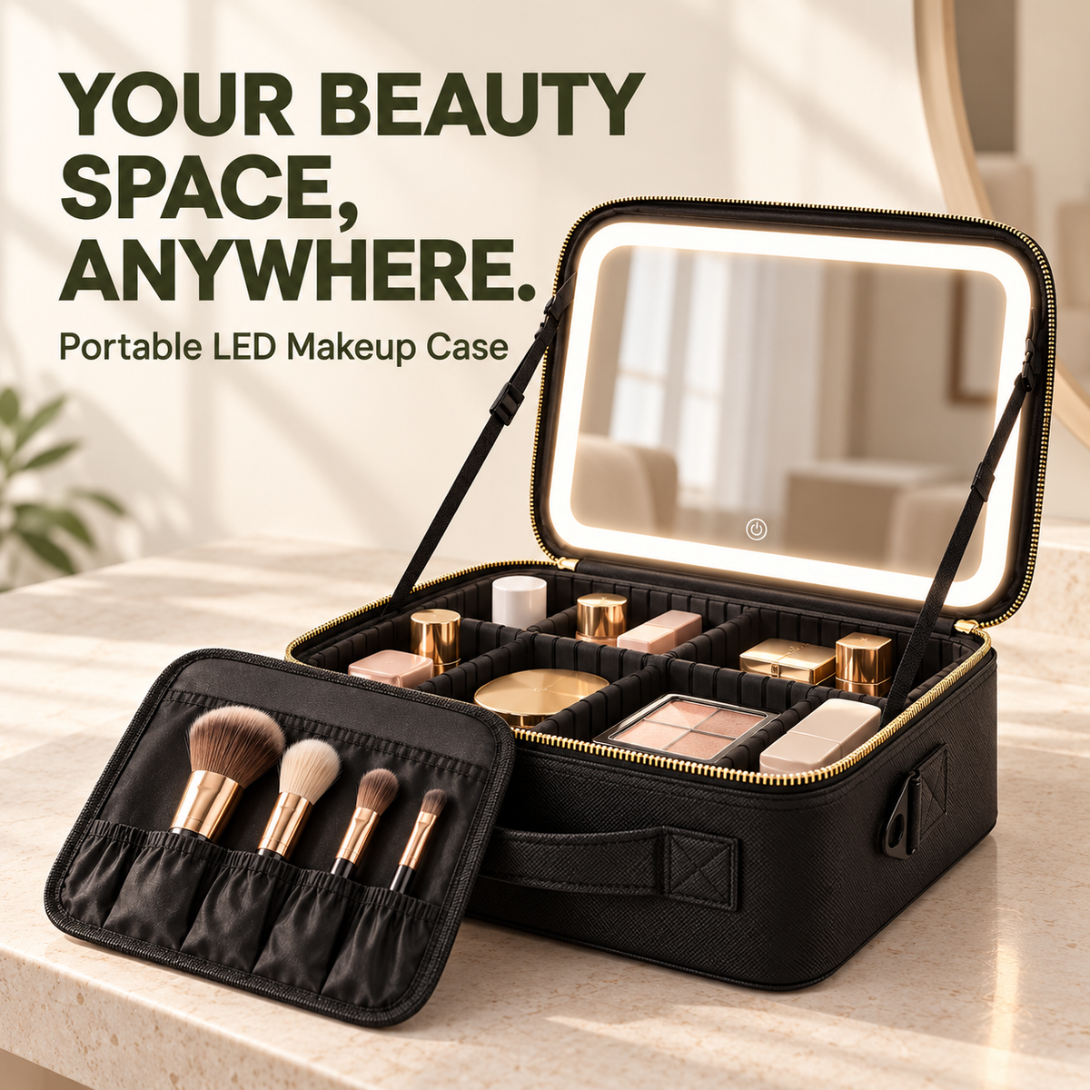 Portable Makeup Train Case with LED Lighted Mirror, 3 Lighting Modes & Adjustable Dividers