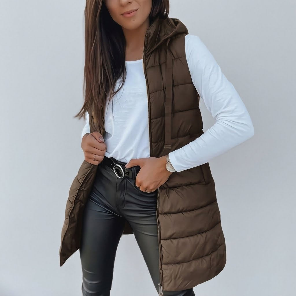 Hooded Long Puffer Vest Without the Bulk
