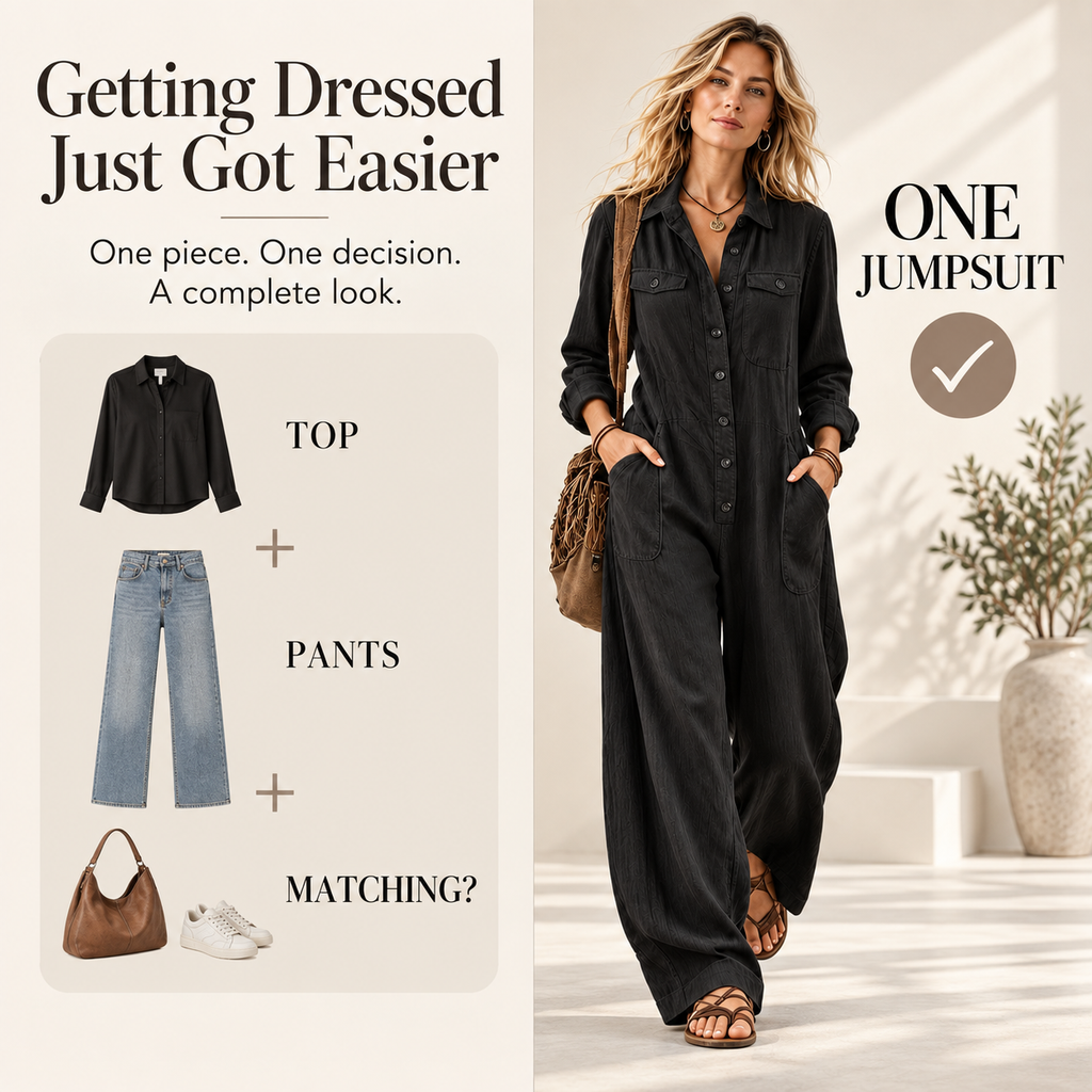 Women's 2026 New French Style Button-Front Full-Length Workwear Jumpsuit