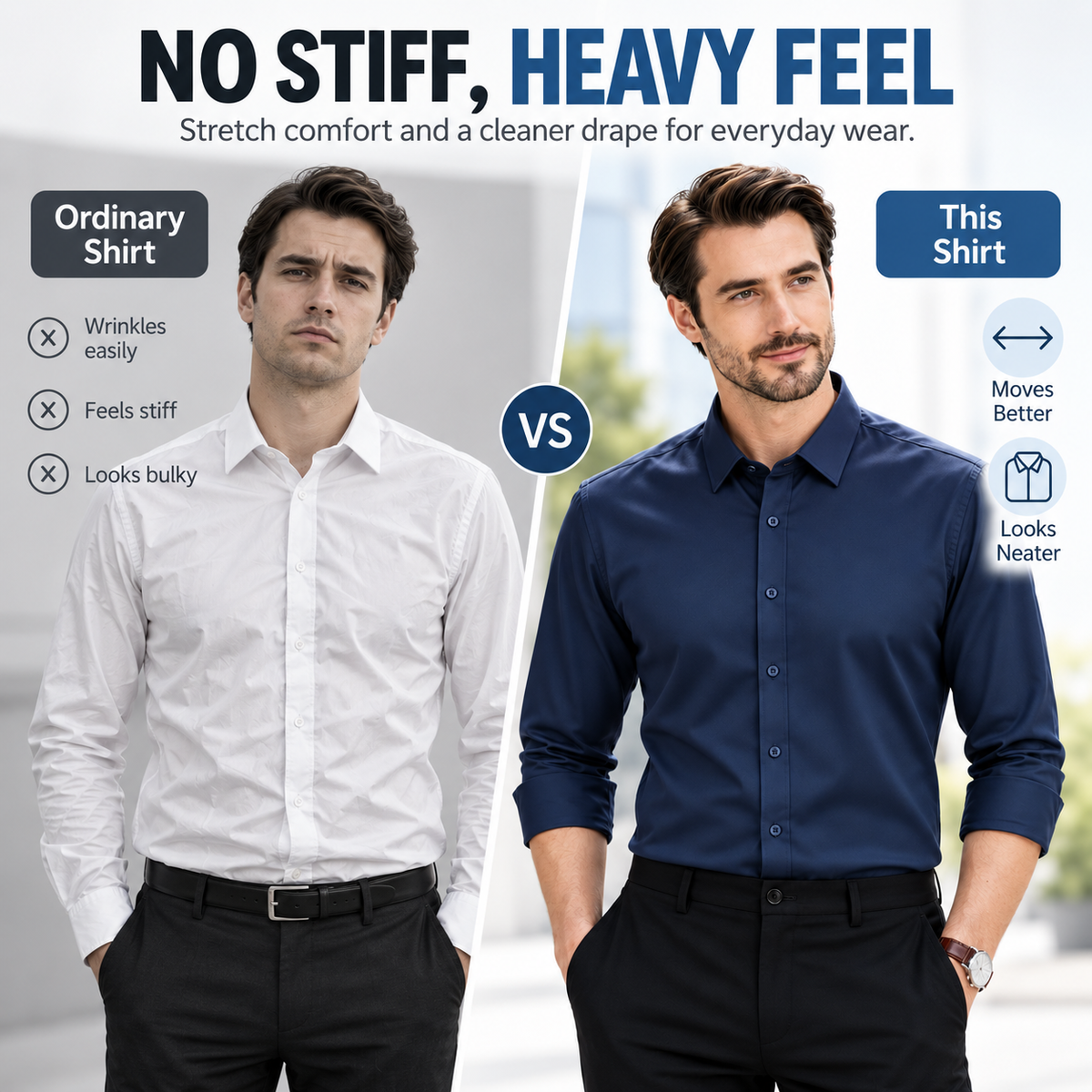 Men's Stretch Dress Shirt - Wrinkle-Resistant Long Sleeve Business Casual Button-Down