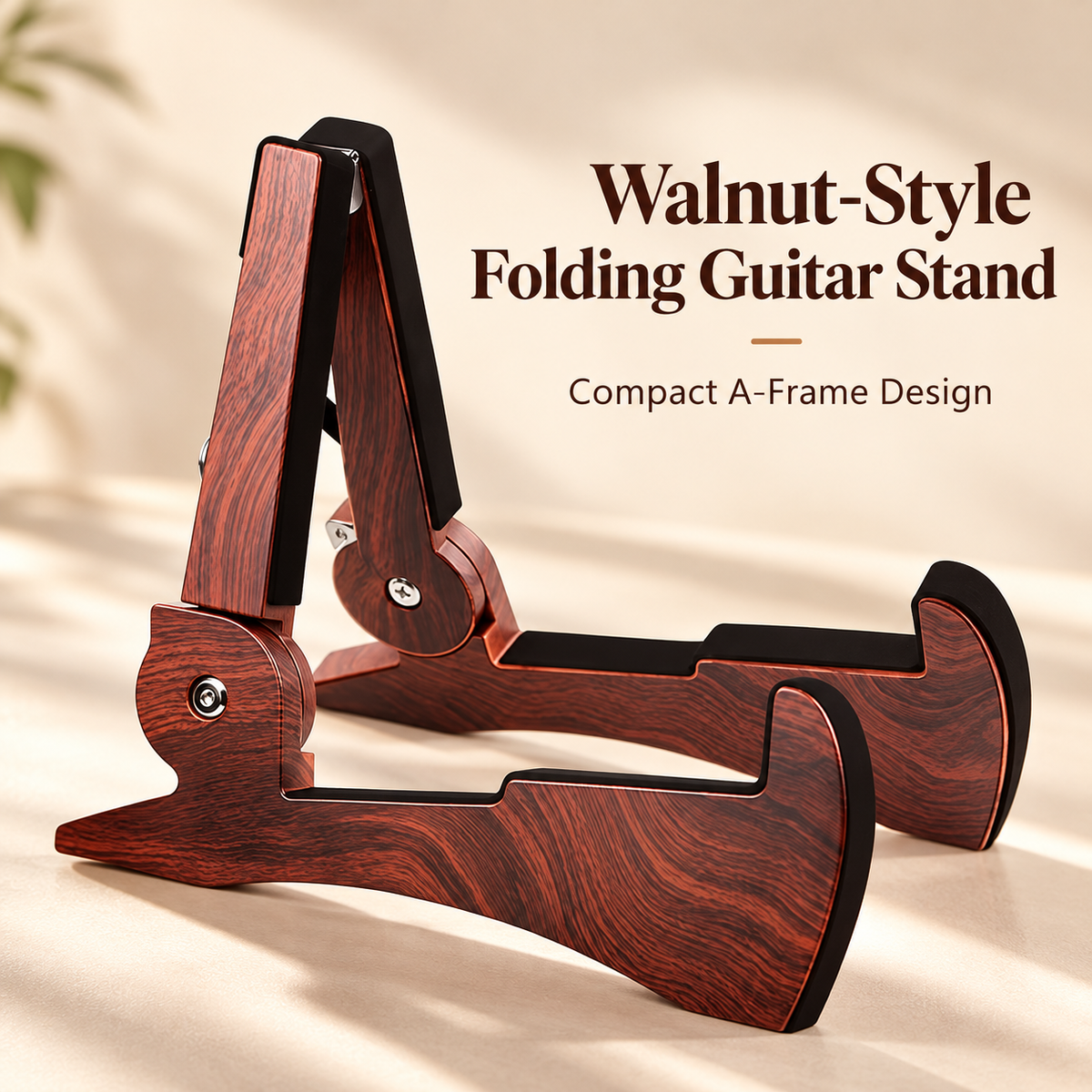 Walnut-Style Folding Guitar Stand – Compact A-Frame Design