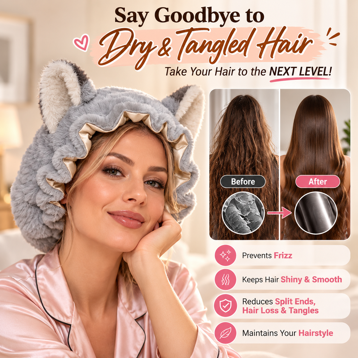 🦊 Plush Fox Ear Sleep Bonnet – Satin Lined & Adjustable for Gentle Hair Care ✨