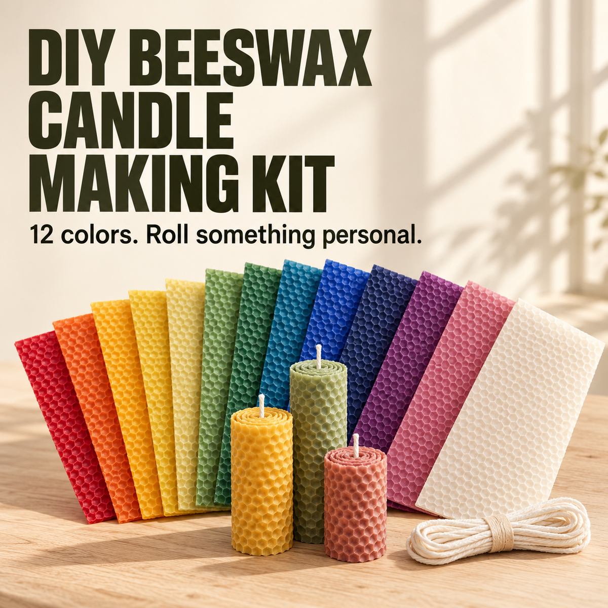 DIY Natural Beeswax Candle Making Kit – 12 Colorful Wax Sheets + 12 Wicks, Easy Handmade Gifts