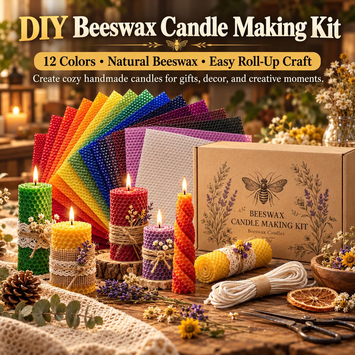 DIY Natural Beeswax Candle Making Kit – 12 Colorful Wax Sheets + 12 Wicks, Easy Handmade Gifts