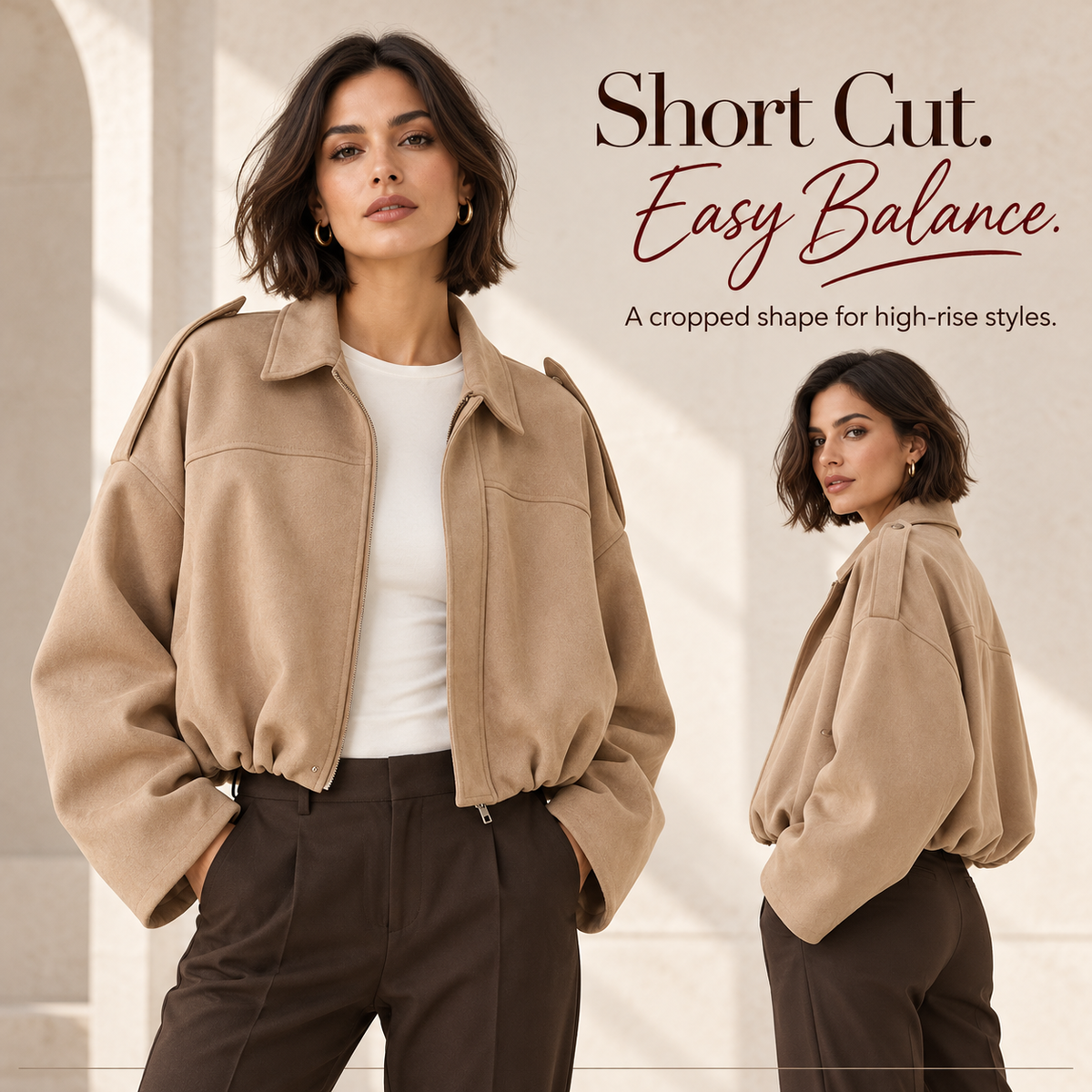 🍂 Women's Vintage Faux Suede Jacket – Oversized Cropped Fit & Zip Front