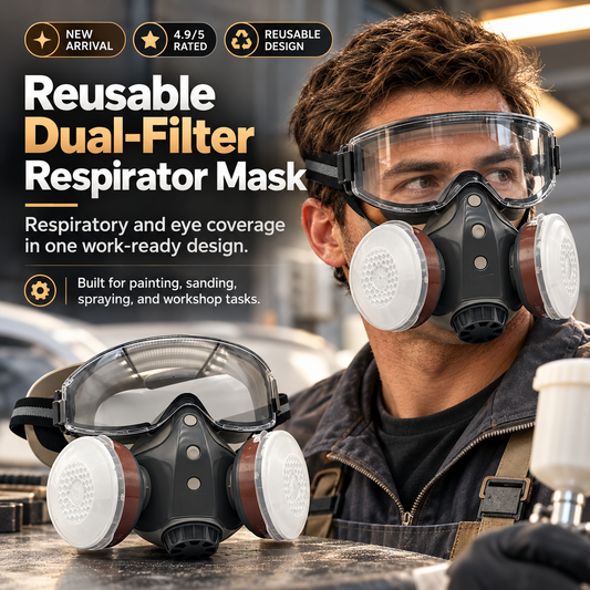 Reusable Dual-Filter Respirator Mask with Integrated Goggles for Painting, Sanding & Spray Work