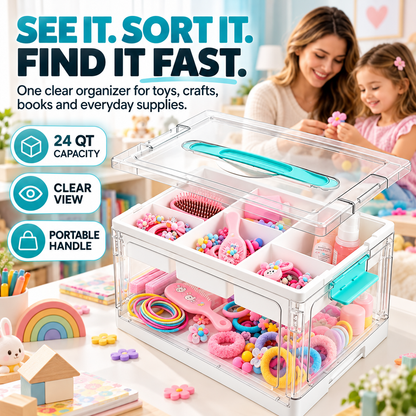 24QT Clear Storage Organizer with Removable Tray & Adjustable Dividers