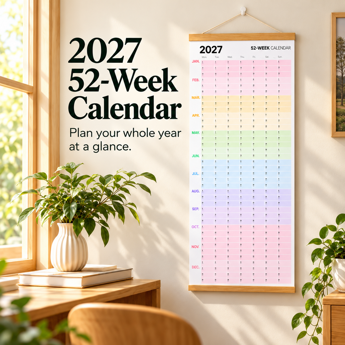 2027 52-week full-year color-coded wall planner with wooden hanging bars displayed above a home desk