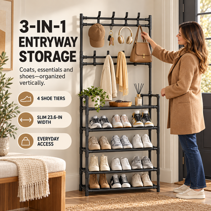 3-in-1 Entryway Coat & Shoe Storage Rack