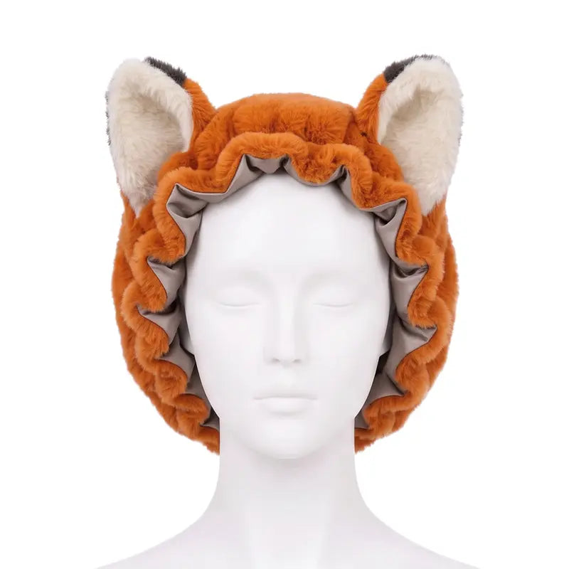 🦊 Plush Fox Ear Sleep Bonnet – Satin Lined & Adjustable for Gentle Hair Care ✨