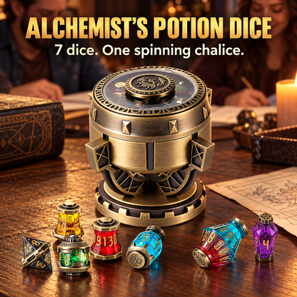 Alchemist’s Metallic Elixir DND Dice Set with Spinning Chalice & Liquid-Core Potion Dice
