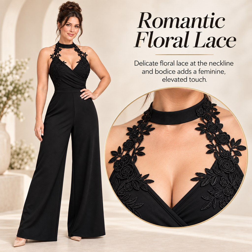 Floral Lace Halter Neck Wide-Leg Jumpsuit for Women | Evening Party & Wedding Guest
