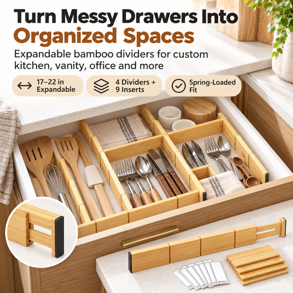Adjustable Bamboo Drawer Dividers for Kitchen and Home