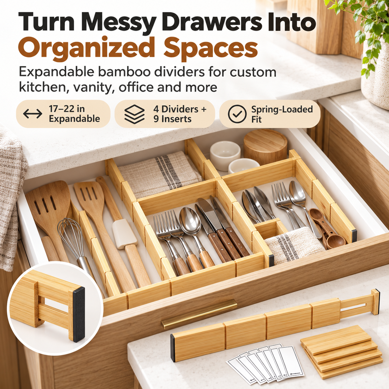 Adjustable Bamboo Drawer Dividers for Kitchen and Home