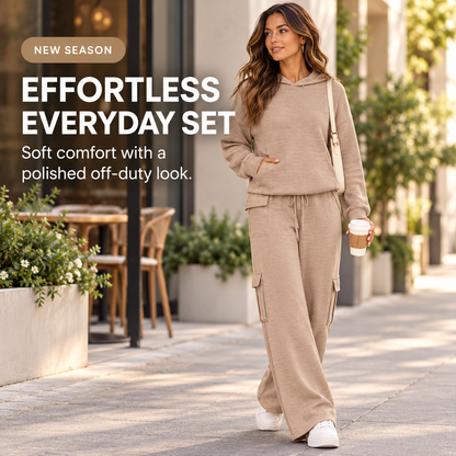 Women’s Soft Hooded Lounge Set with Wide-Leg Cargo Pants & Pockets