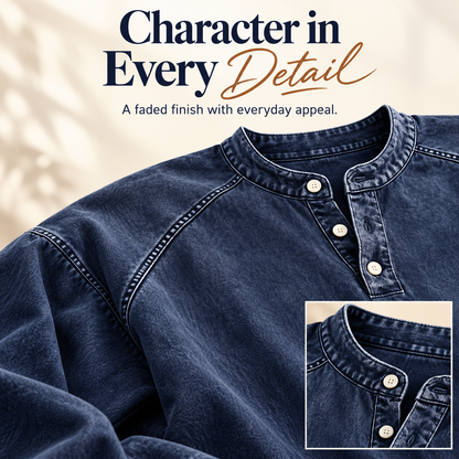 Vintage Wash Henley Sweatshirt | Casual Loose Fit Long Sleeve Top