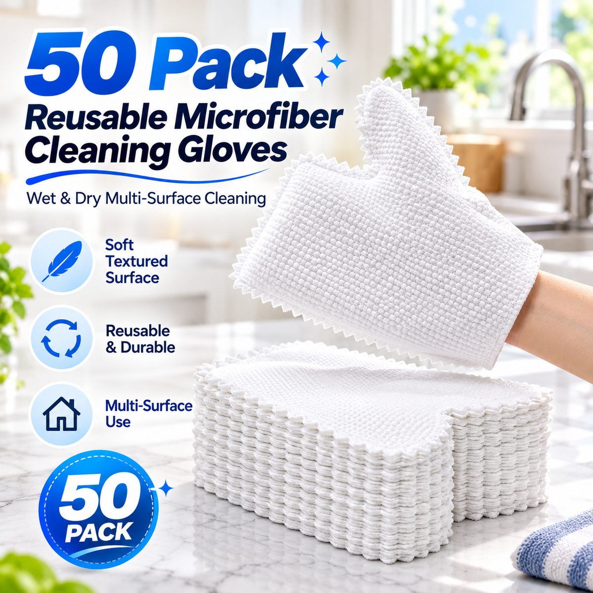 50-Pack Reusable Microfiber Cleaning Gloves – Wet & Dry Multi-Surface Cleaning