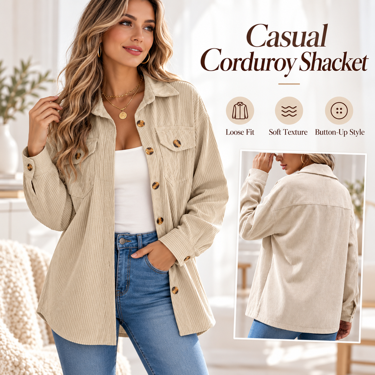 Women’s Corduroy Shacket – Relaxed Fit Button-Up Jacket