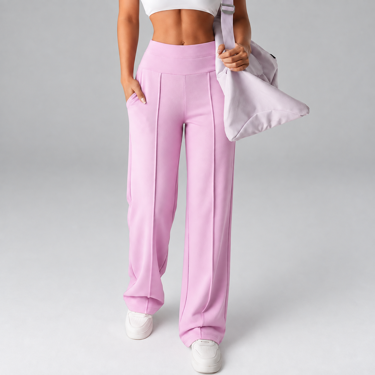 Women’s High-Rise Wide-Leg Comfort Pants with Pockets, Stretch Fit & Front Seams