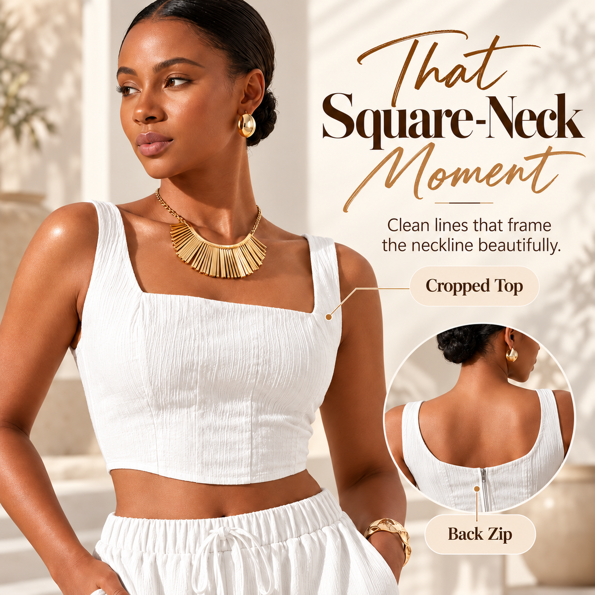 Women's Square Neck Two Piece Set – Flowy Wide Leg Pants Outfit