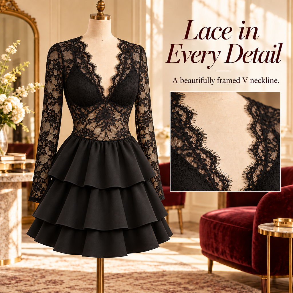 Plus Size Lace Tiered Ruffle Dress – Elegant Long Sleeve Party Dress