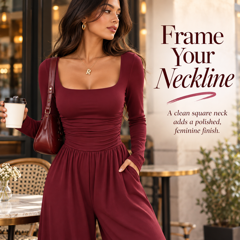 Women’s Square Neck Ruched Wide-Leg Jumpsuit