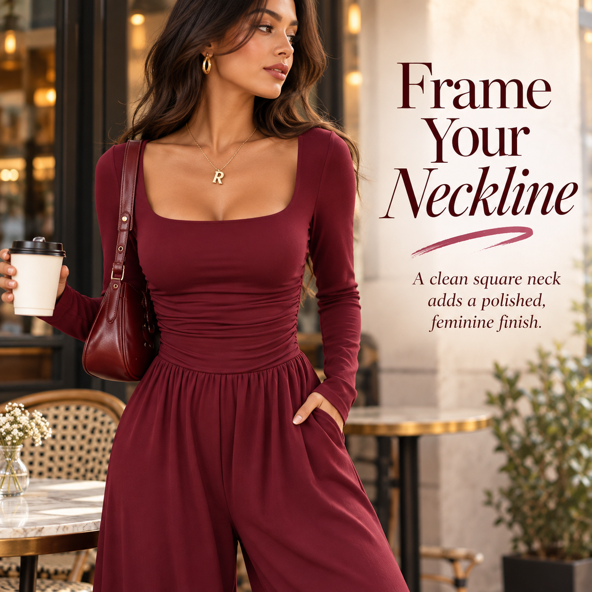 Women’s Square Neck Ruched Wide-Leg Jumpsuit