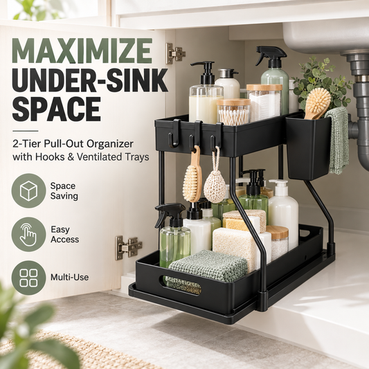 2-Tier Pull-Out Under-Sink Organizer with Hooks &amp; Side Basket