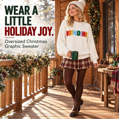 🎄 Women's Oversized Christmas Sweater – Colorful Chenille HO HO HO & MERRY CHRISTMAS Graphic Knit Pullover