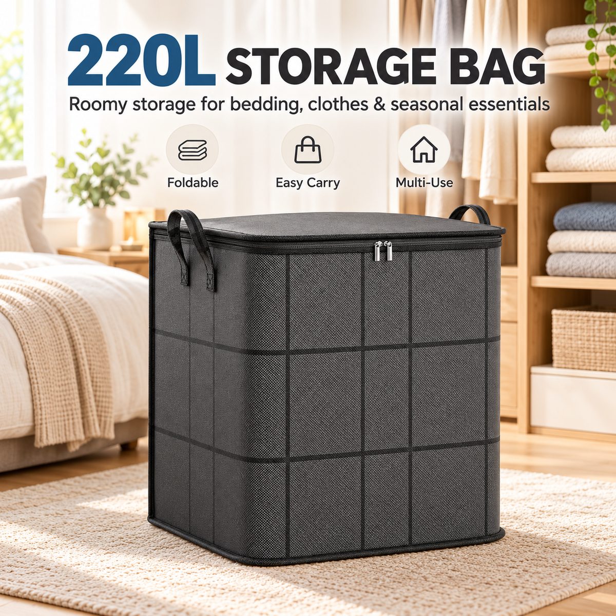 220L Foldable Storage Bag – Extra Large Organizer for Clothes, Blankets & Bedding