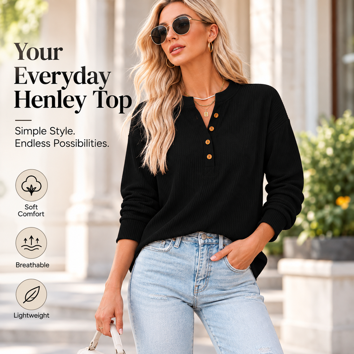 Women's Everyday Ribbed Henley Top